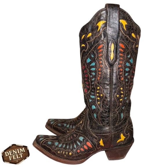 Corral Butterfly Inlay Western Boots Brown Multicolor Leather Size 6M –EXCELLENT - Picture 4 of 16